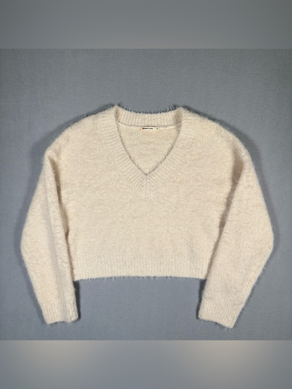 Marine Layer Teddy Eyelash Cropped Sweater Womens Medium Cream V Neck Wool Blend